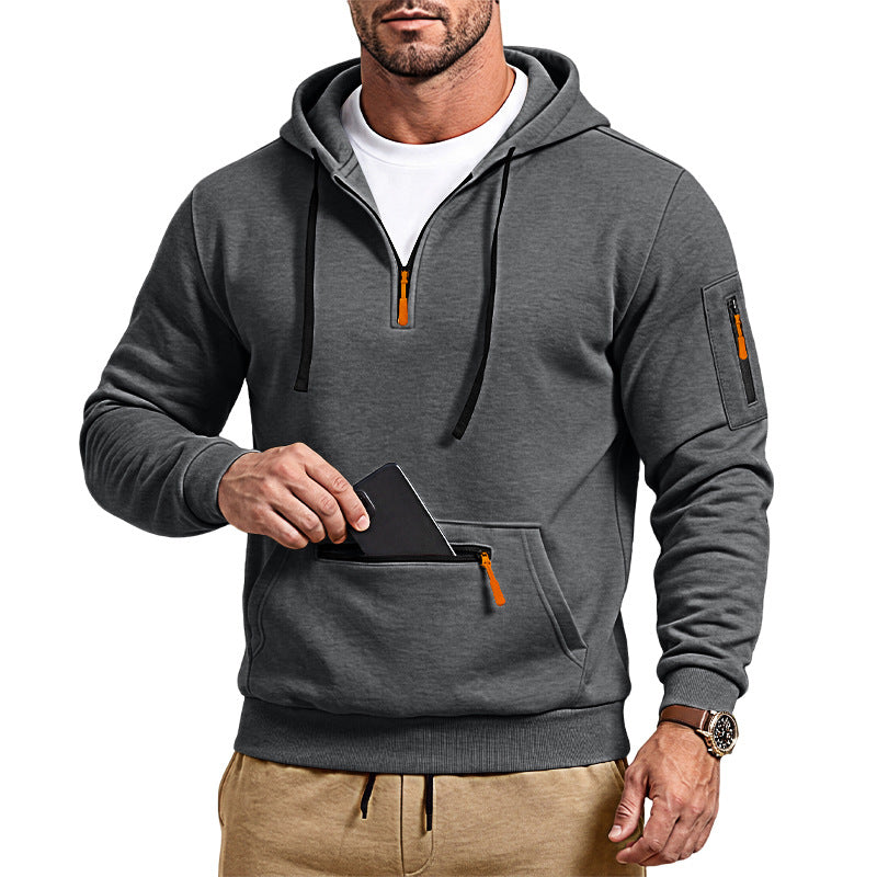 Herren sportlicher Kapuzenpullover mit halbem Reißverschluss und verschließbarer Kängurutasche Drune