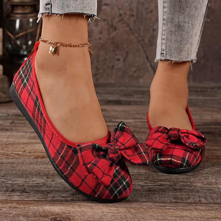 Damen  karierter Ballerina Slipper mit dekorativer Schleife und gepolstertem Komfortfußbett Drune
