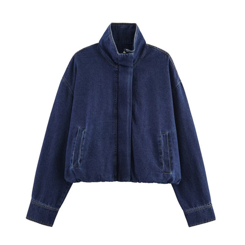 Damen modische Denimjacke mit hohem Kragen und seitlichen Taschen Drune