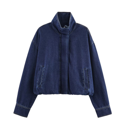 Damen modische Denimjacke mit hohem Kragen und seitlichen Taschen Drune