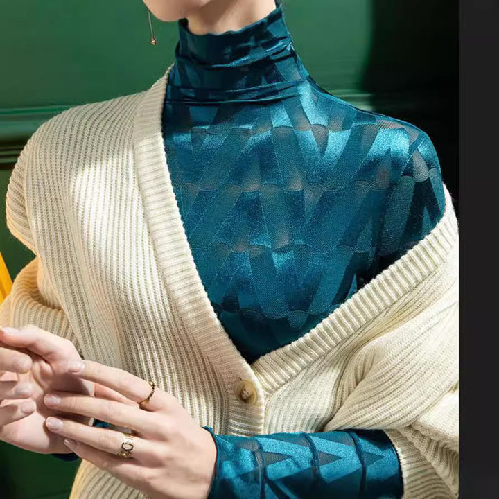Damen Elegantes Rollkragenoberteil mit geometrischem Muster und transparenten Akzenten Drune