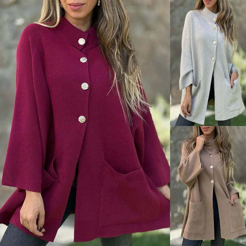Damen Oversize Cape-Cardigan mit Stehkragen, aufgesetzten Taschen und Zierknöpfen Drune