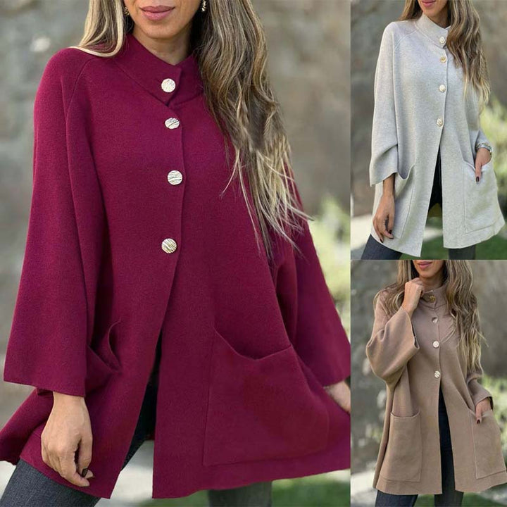 Damen Oversize Cape-Cardigan mit Stehkragen, aufgesetzten Taschen und Zierknöpfen Drune