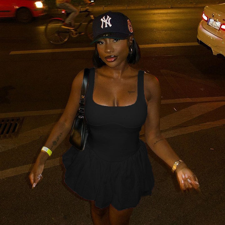 Damen verspieltes Mini-Kleid mit quadratischem Ausschnitt Drune