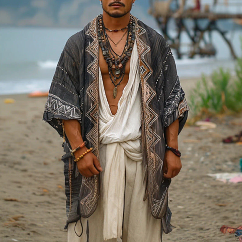 Herren Leichter Boho-Kimono-Mantel mit Ethno-Stickerei Drune