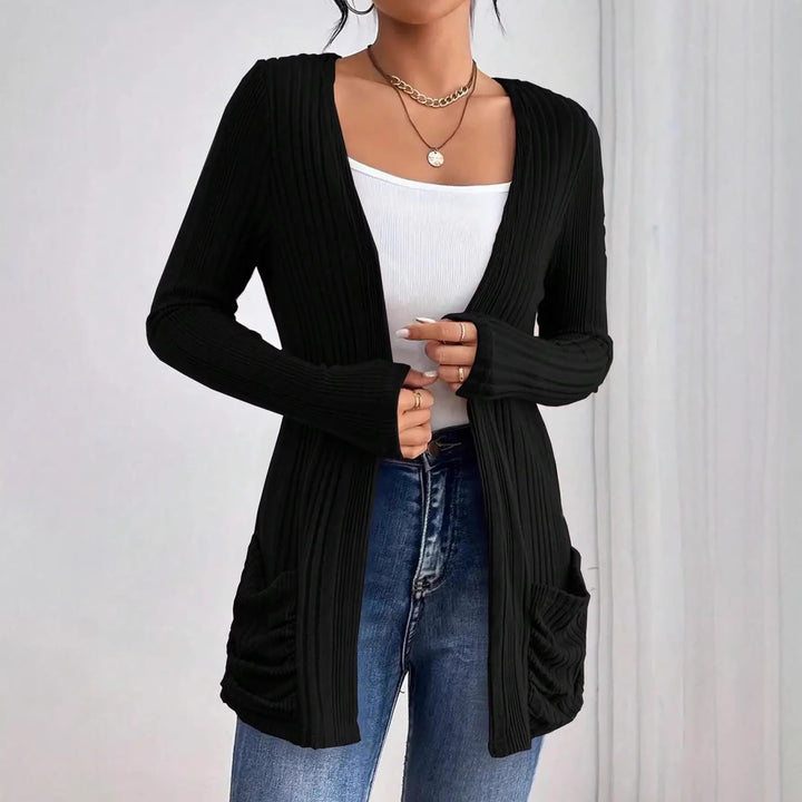 Damen Gerippter Langcardigan mit offener Front, Eingrifftaschen und legerer Passform Drune