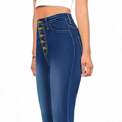Damen hochtaillierte formende Flared-Jeans mit sichtbarer Knopfleiste Drune