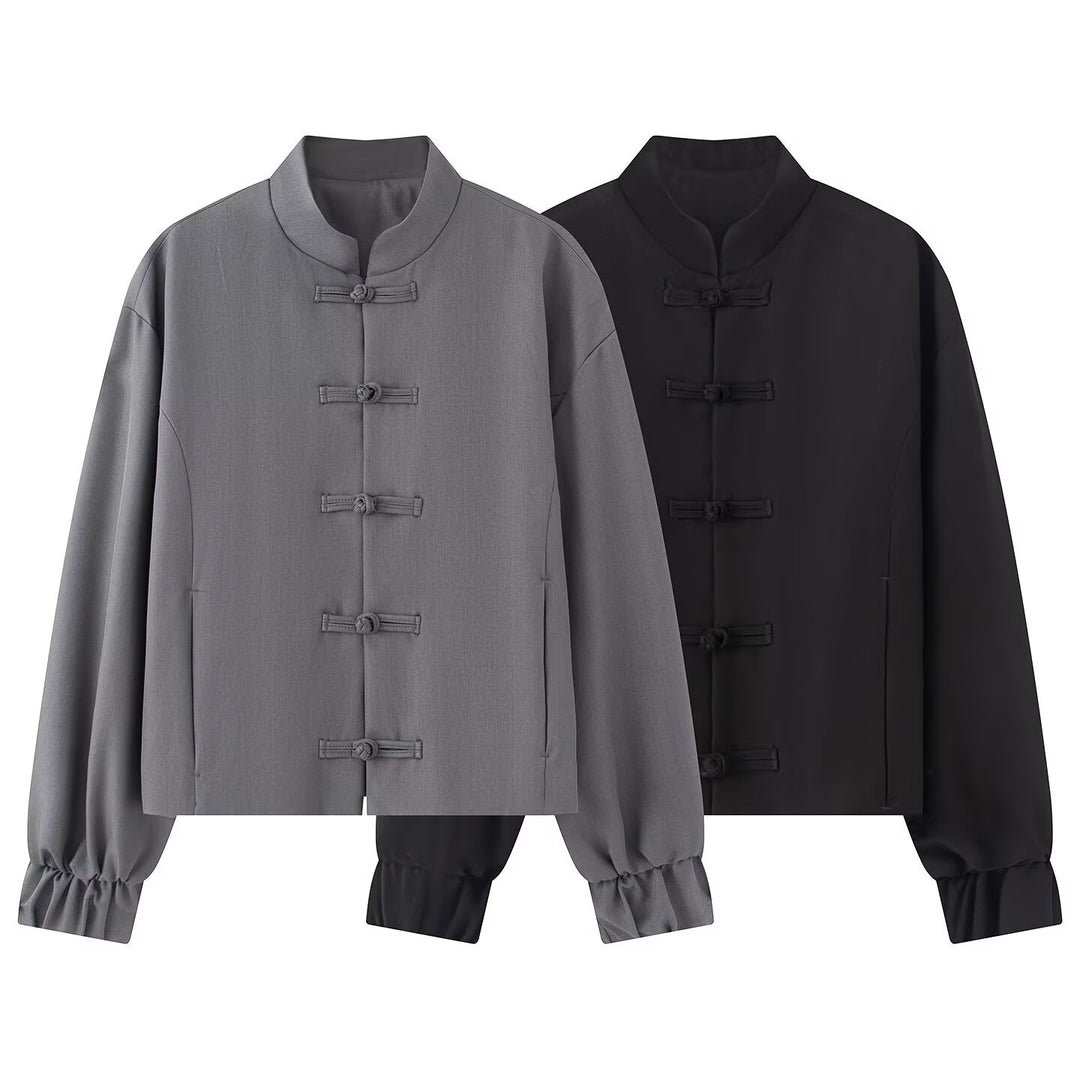 Damen Kurze Boxy‑Jacke mit Stehkragen und Knotenverschluss-Details Drune