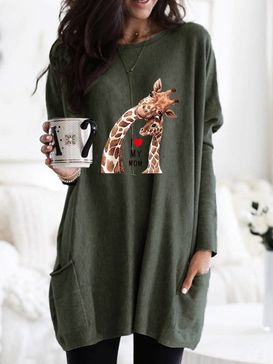 Frauen Übergroße Sweatkleid mit Giraffenmuster, Rundhalsausschnitt und Seitentaschen Drune