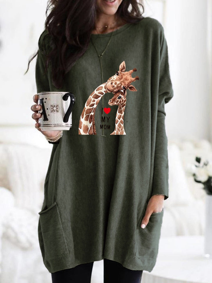 Frauen Übergroße Sweatkleid mit Giraffenmuster, Rundhalsausschnitt und Seitentaschen Drune