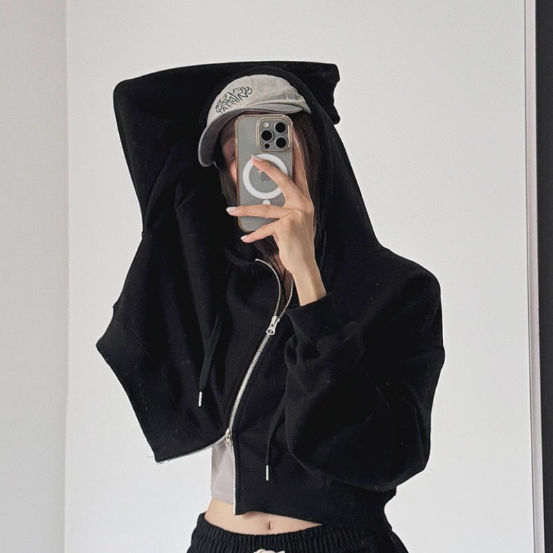 Damen cropped Kapuzenjacke mit Reißverschluss und elastischen Bündchen Drune