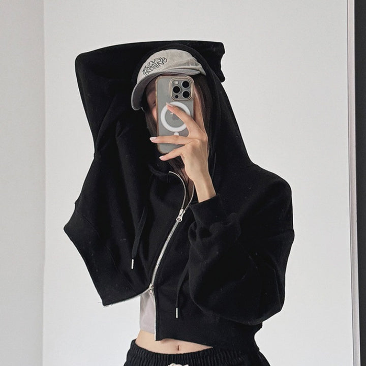 Damen cropped Kapuzenjacke mit Reißverschluss und elastischen Bündchen Drune