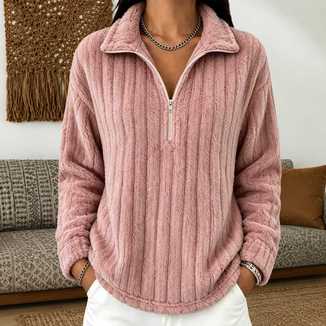 Damen Kuscheliger Plüsch-Halfzip-Pullover mit Stehkragen Drune