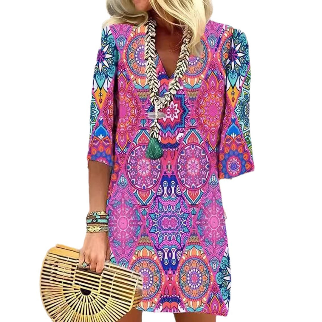 Damen Blusenkleid mit buntem mandala-inspiriertem Design und V-Ausschnitt Drune
