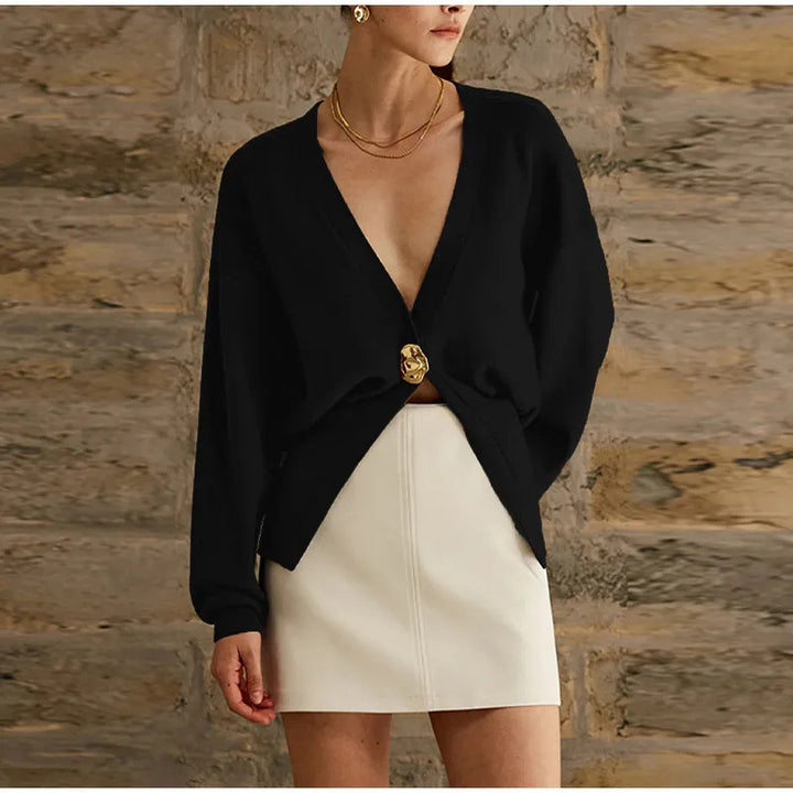 Damen 500+ Cropped‑Cardigan mit Taillenraffung, tiefem V‑Ausschnitt und großem Zierknopf Drune