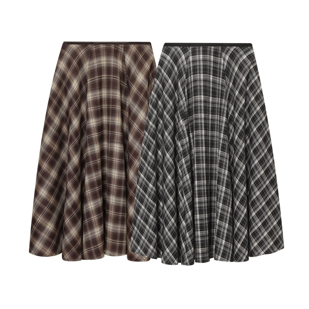 Damen nan ausgestellter Midirock mit Karomuster, hoher Taille und Lederimitatbund Drune