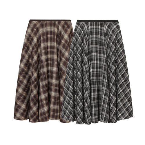 Damen nan ausgestellter Midirock mit Karomuster, hoher Taille und Lederimitatbund Drune