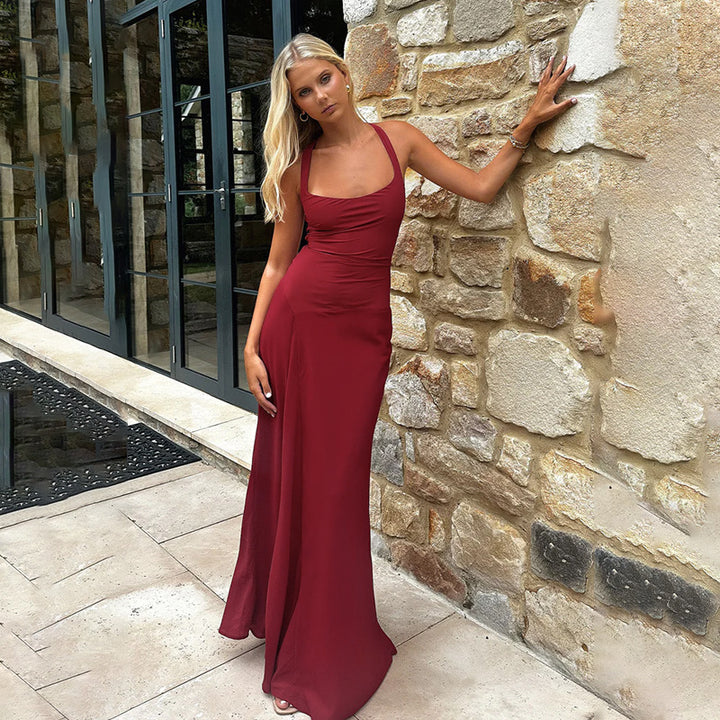 Damen elegantes Maxikleid mit verführerischem Ausschnitt und fließendem Rock Drune