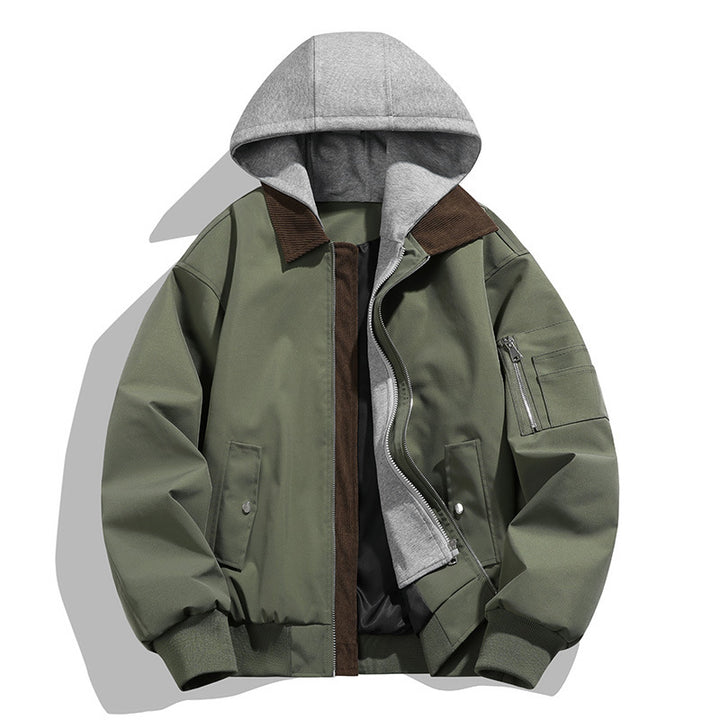 Herren lässige Freizeit-Bomberjacke mit innenliegendem Kapuzenlayer und Cord-Stehkragen Drune