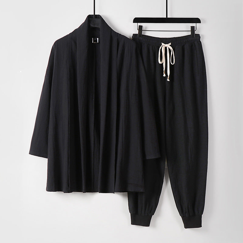 Unisex Luftiges Freizeit-Set im Kimono-Stil mit Schalkragenjacke und konisch zulaufender Joggerhose Drune