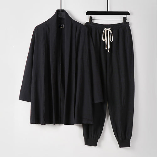 Unisex Luftiges Freizeit-Set im Kimono-Stil mit Schalkragenjacke und konisch zulaufender Joggerhose Drune