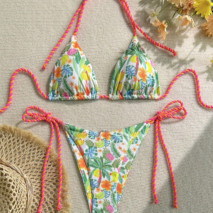Damen Triangel-Bikini mit buntem Blumenmuster und trendigen Bindebändern Drune