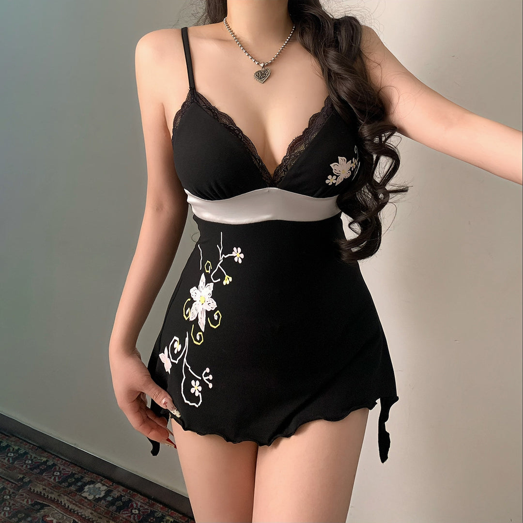 Damen Bademode mit floralem Stickmuster und Spaghetti-Trägern Drune
