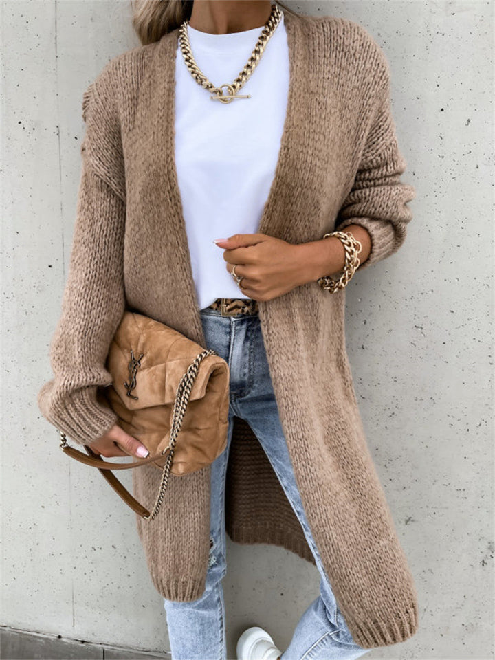 Damen Grobstrick Cardigan mit offener Vorderseite und lässigen Ärmeln Drune