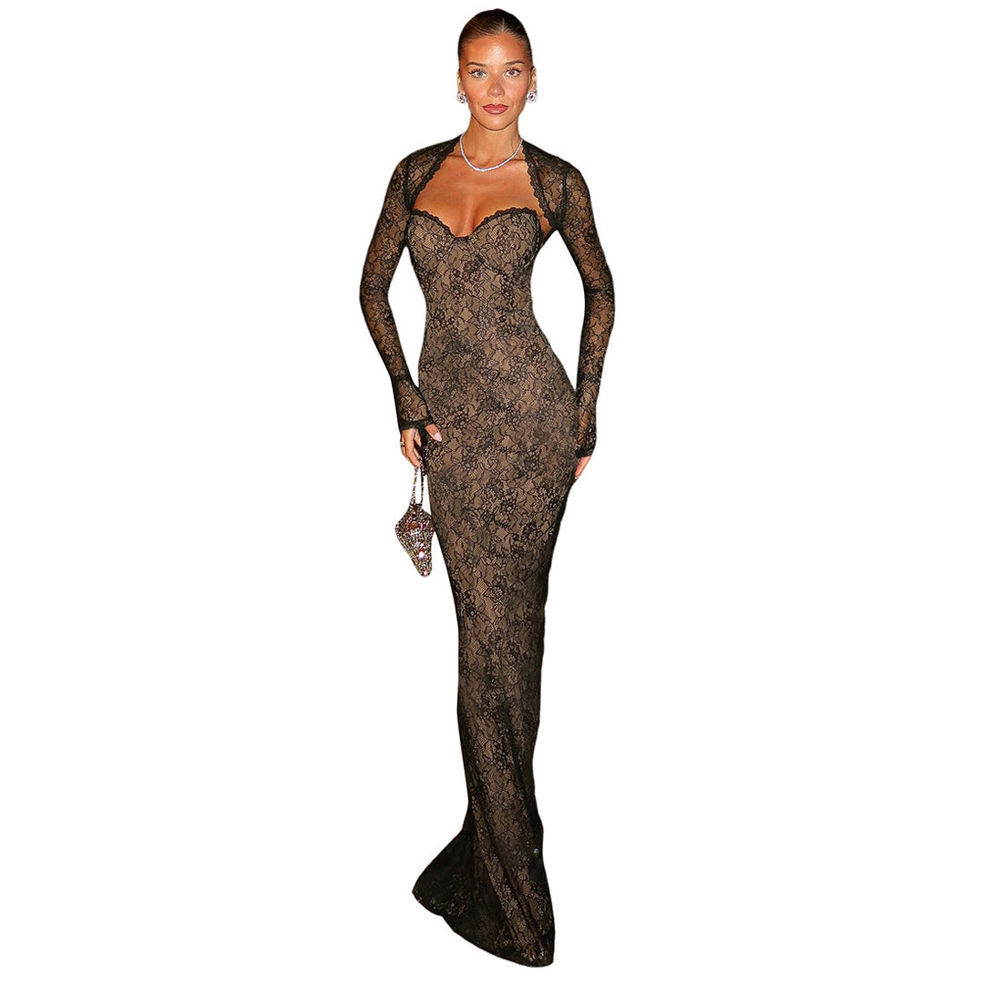 Damen Elegantes langes Spitzenkleid mit herzförmigem Ausschnitt und figurbetonendem Schnitt Drune