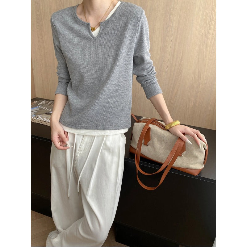 Damen Langarmshirt mit kreativem V-Ausschnitt und feiner Struktur Drune