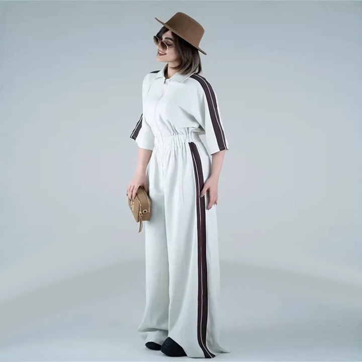 Damen Langer Jumpsuit mit Taillengebund und Kontraststreifen