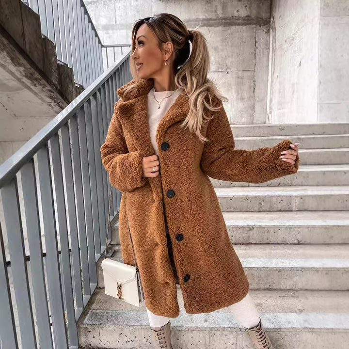 Damen Lange Teddy Faux-Shearling Knopf-Front Mantel mit Reverskragen Drune