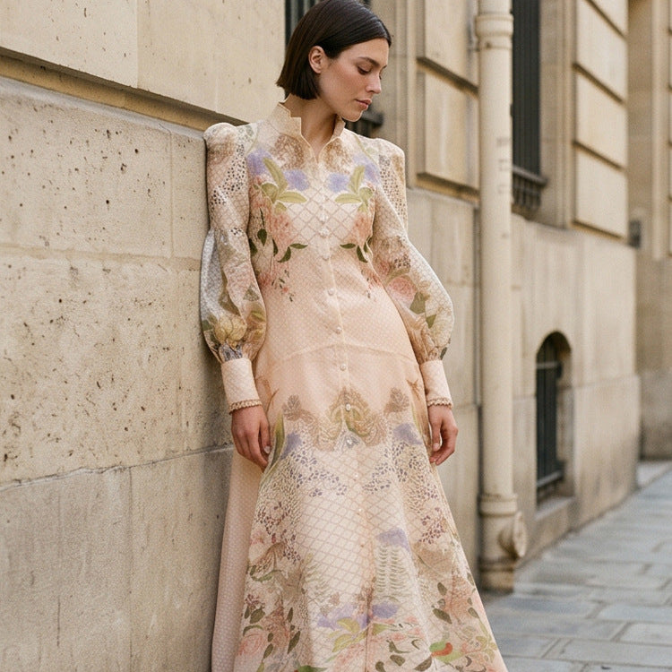 Damen Maxikleid mit floralem Druck, durchgehender Knopfleiste und voluminösen Puffärmeln Drune