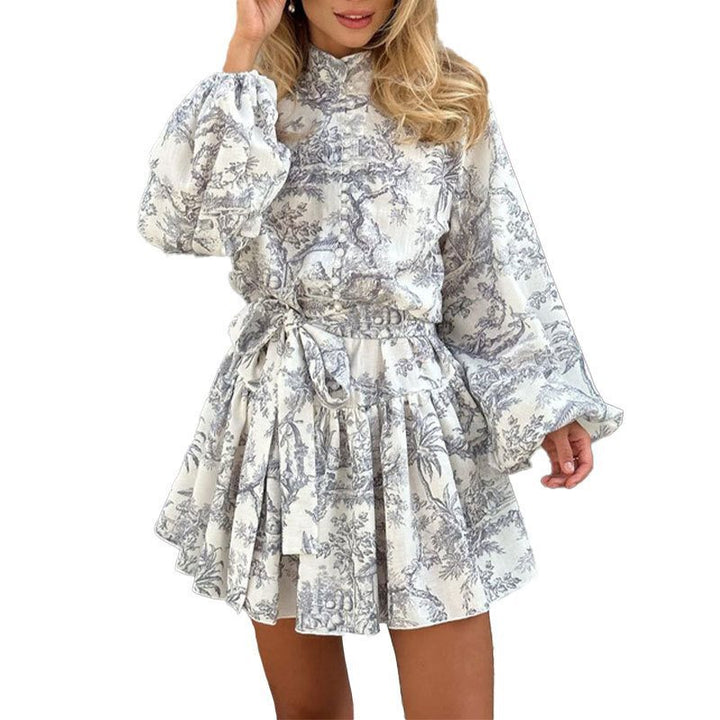 Damen elegantes Blusenkleid mit hoch geschlossenem Kragen und tailliertem Taillengürtel Drune