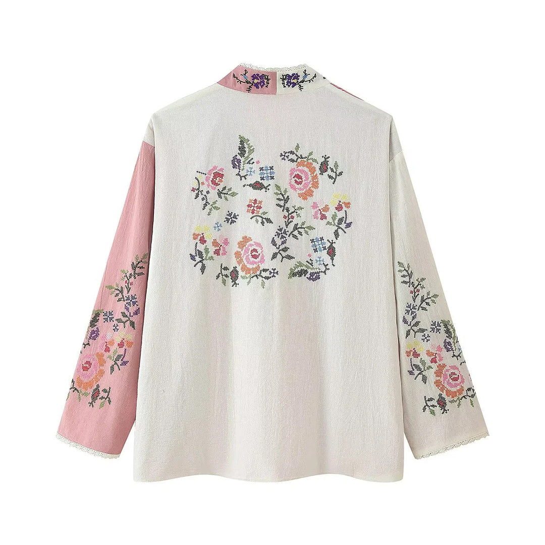 Damen nan bestickte Kimono-Cardigan mit offener Front, Spitzenbesatz und floraler Stickerei Drune