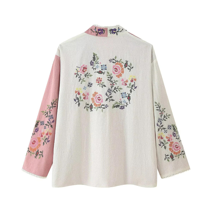 Damen nan bestickte Kimono-Cardigan mit offener Front, Spitzenbesatz und floraler Stickerei Drune