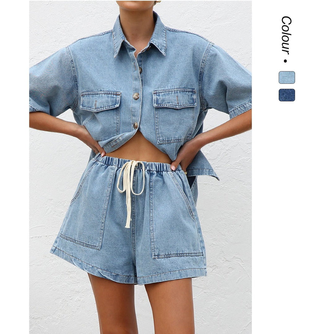 Damen Denim-Crop-Top und Shorts-Set mit praktischen Taschen und lässigem Schnitt Drune