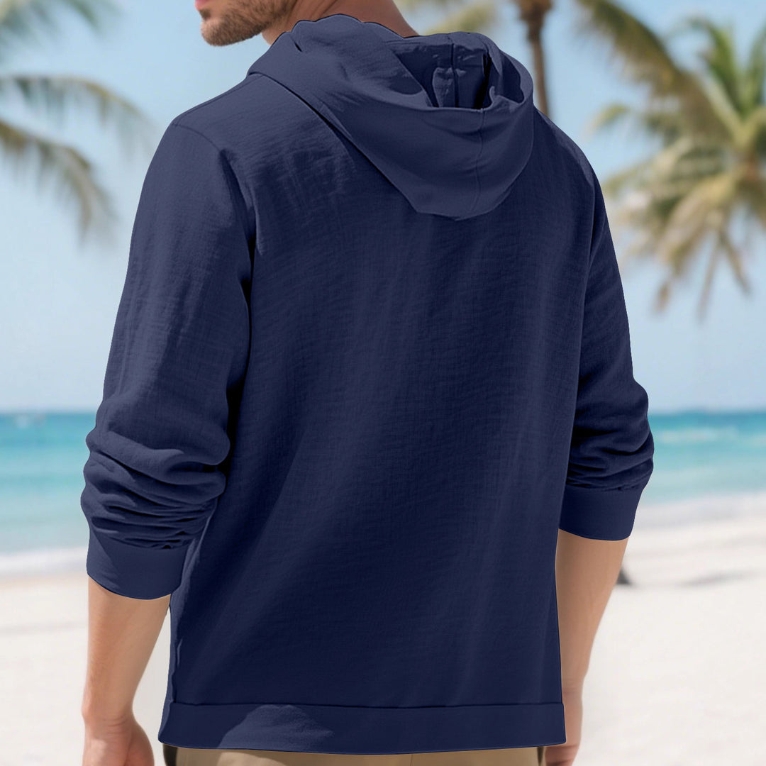 Herren nan leichtes Kapuzen-Übershirt im Crinkle-Look mit Holzknopfleiste und Kängurutasche Drune