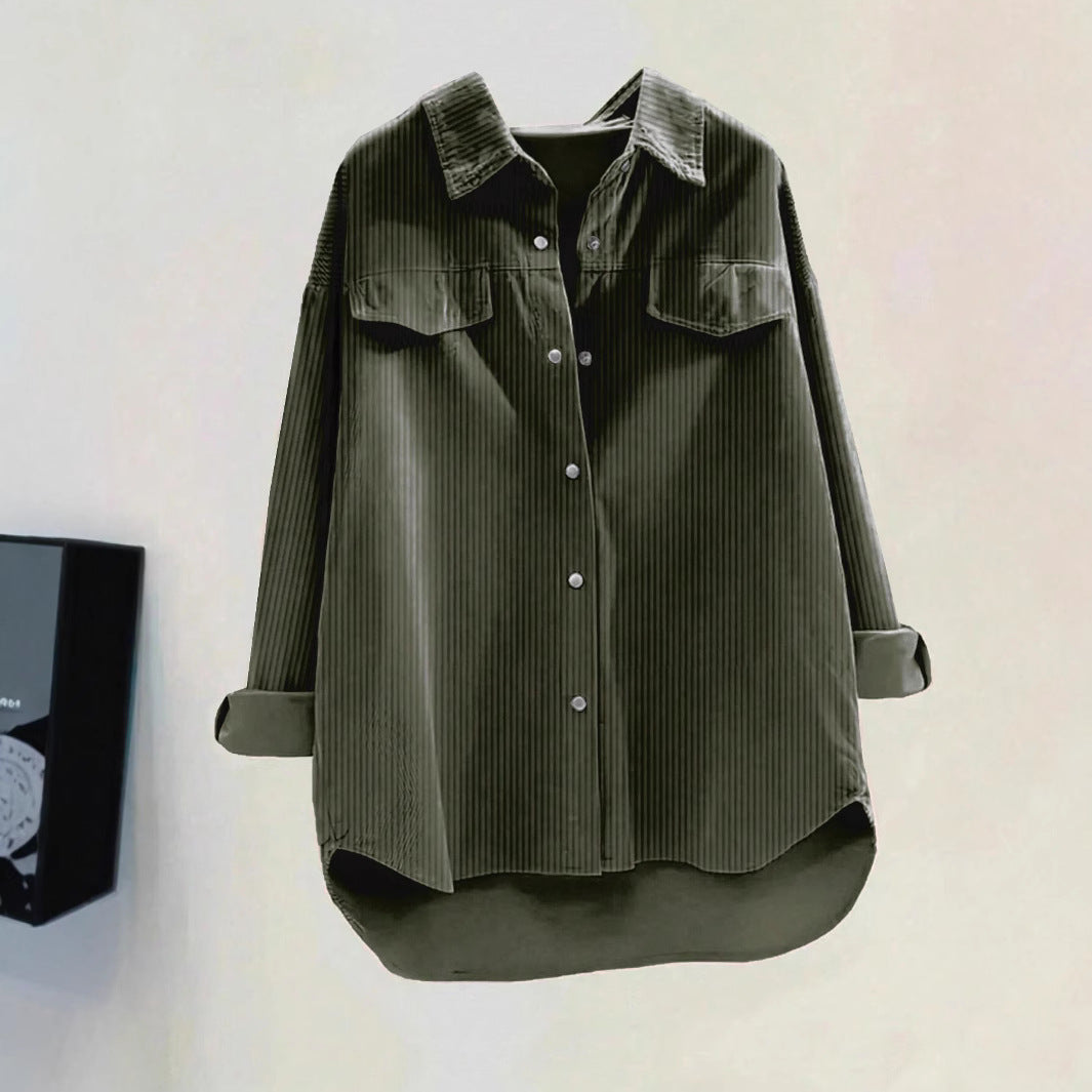 Damen Oversized Hemd aus Rippstoff mit Brusttaschen und schickem Kragen Drune