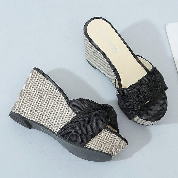 Damen nan Keil-Pantolette mit hohem Bast-Plateau und gedrehtem Textilriemen Drune