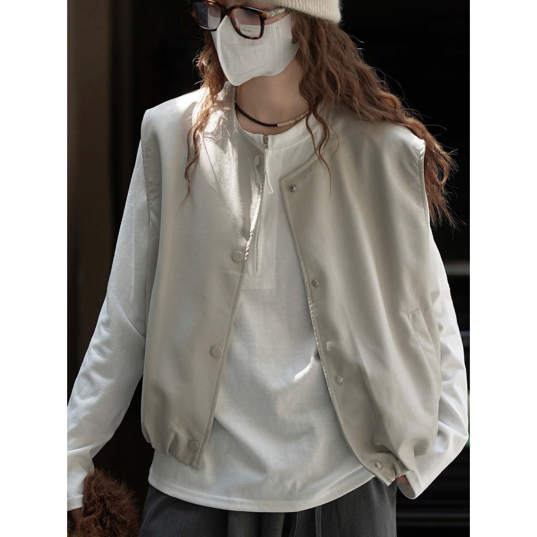 Damen Ärmellose Lederimitat-Weste mit Druckknopfverschluss und lockerer Layering-Silhouette Drune