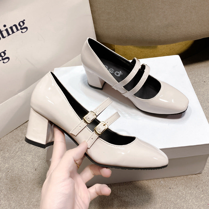 Damen Lack-Mary-Jane-Pumps mit doppelt verstellbaren Riemen und mittelhohem Blockabsatz Drune