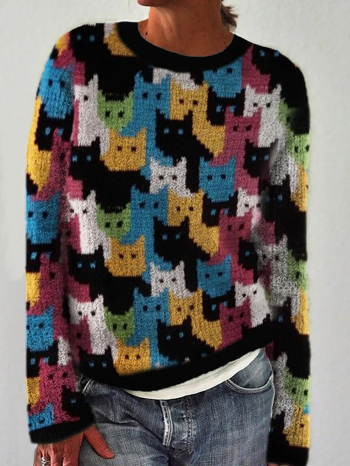 Damen Strickpullover mit verspieltem Katzenmuster Drune