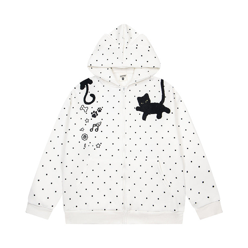 Damen Kapuzen‑Sweatjacke mit Katzenohren, Punktallover und Chenille‑Katzenapplikation Drune