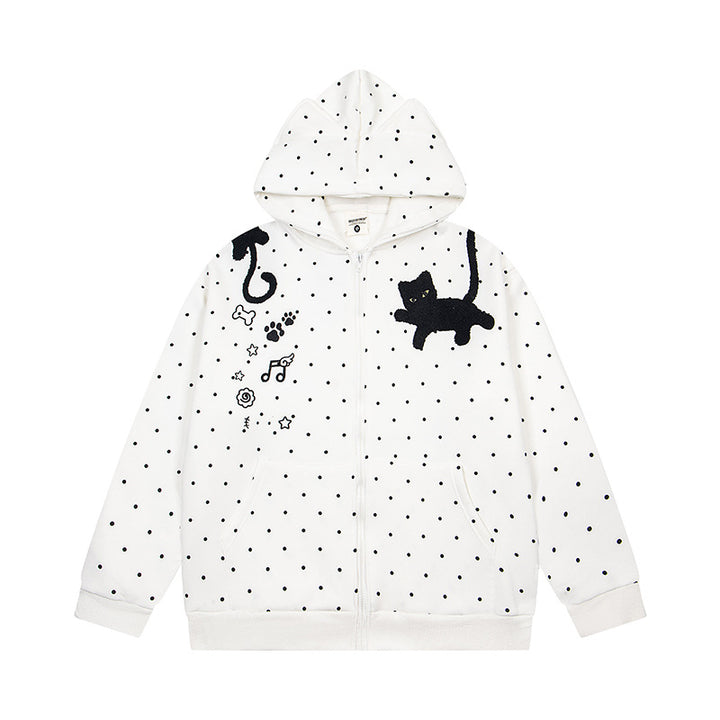 Damen Kapuzen‑Sweatjacke mit Katzenohren, Punktallover und Chenille‑Katzenapplikation Drune