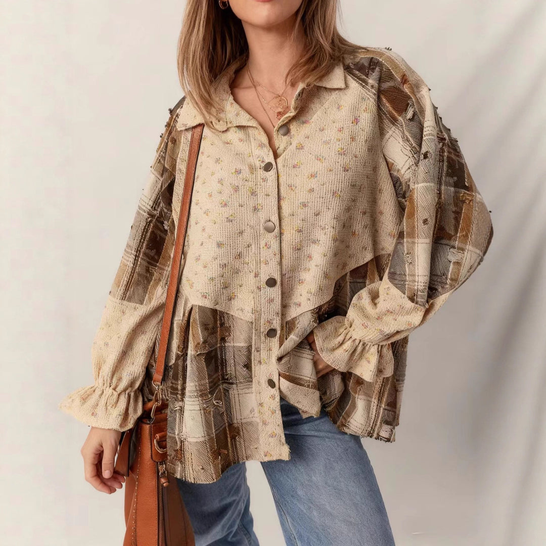 Damen Patchwork-Bluse-Jacke mit plissiertem Saum und Knopfleiste Drune