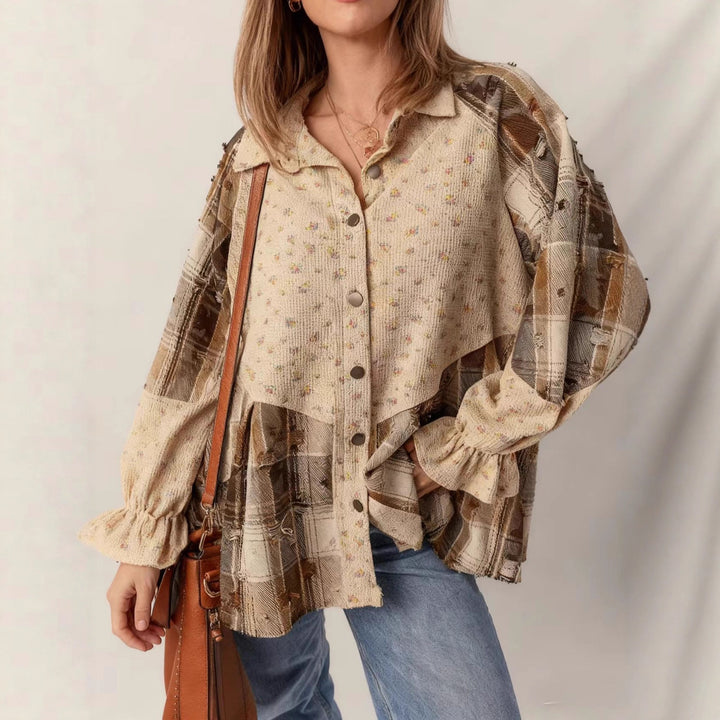 Damen Patchwork-Bluse-Jacke mit plissiertem Saum und Knopfleiste Drune