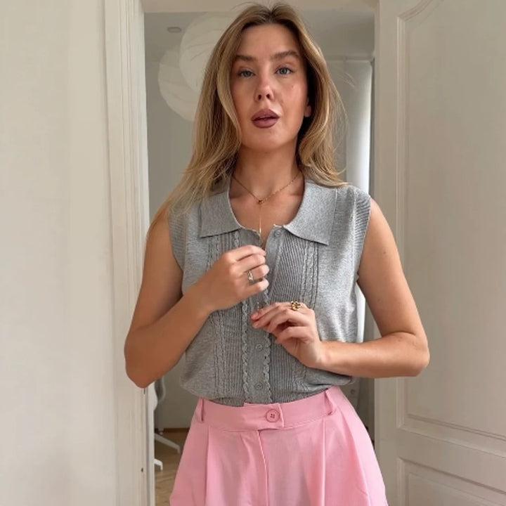 Damen Ärmelloses Stricktop mit Hemdkragen, Zierknopfleiste und feiner Strukturierung Drune