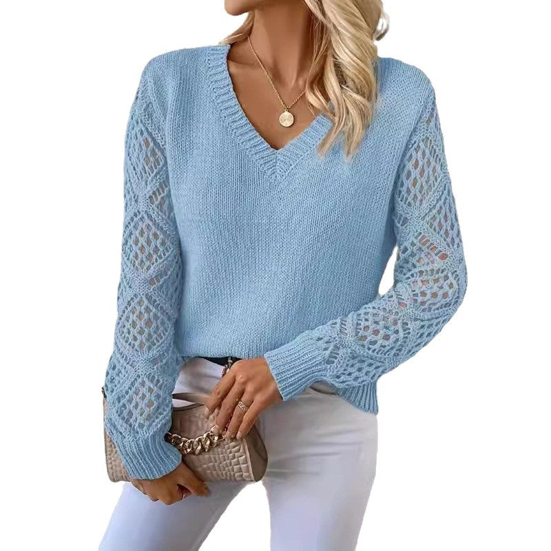 Damen Strickpullover mit V-Ausschnitt und gehäkelten Ärmeln Drune