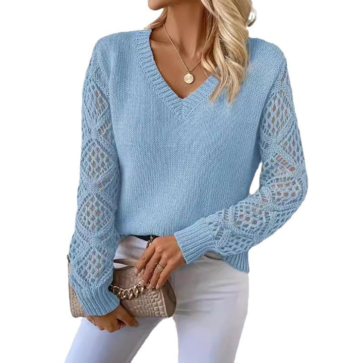 Damen Strickpullover mit V-Ausschnitt und gehäkelten Ärmeln Drune
